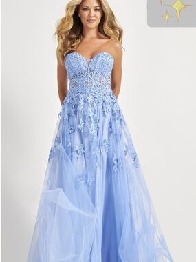 ellie wilde Strapless Light Blue Floral Appliqué Ball Gown